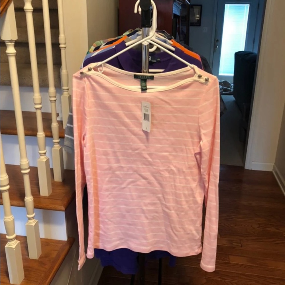 Lauren Ralph Lauren L/S T In Pink/White Size L NWT